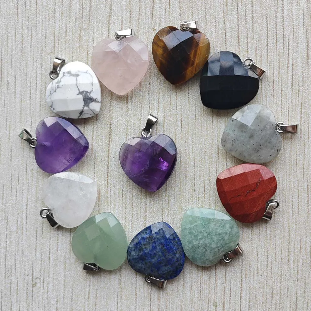 

New beautiful Natural stone mix cut faceted heart shape pendants 20mm for DIY jewelry making 12pcs/lot Wholesale Fast shipping