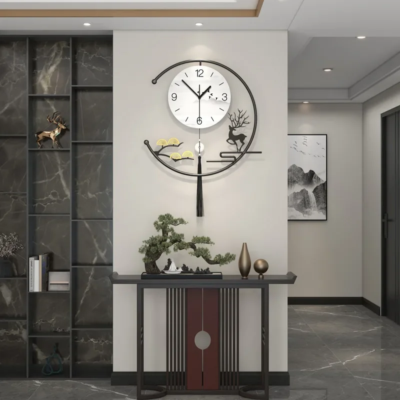 Wall clock living room advanced sense new Chinese home decoration punch-free clock hanging wall modern simple quartz clock