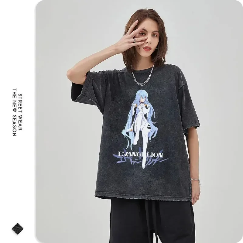 EVANGELION T-shirt Vintage Washed Anime Ayanami Rei T Shirts Oversized Streetwear Cute Girl Manga EVA Tops Tees Men 100% Cotton