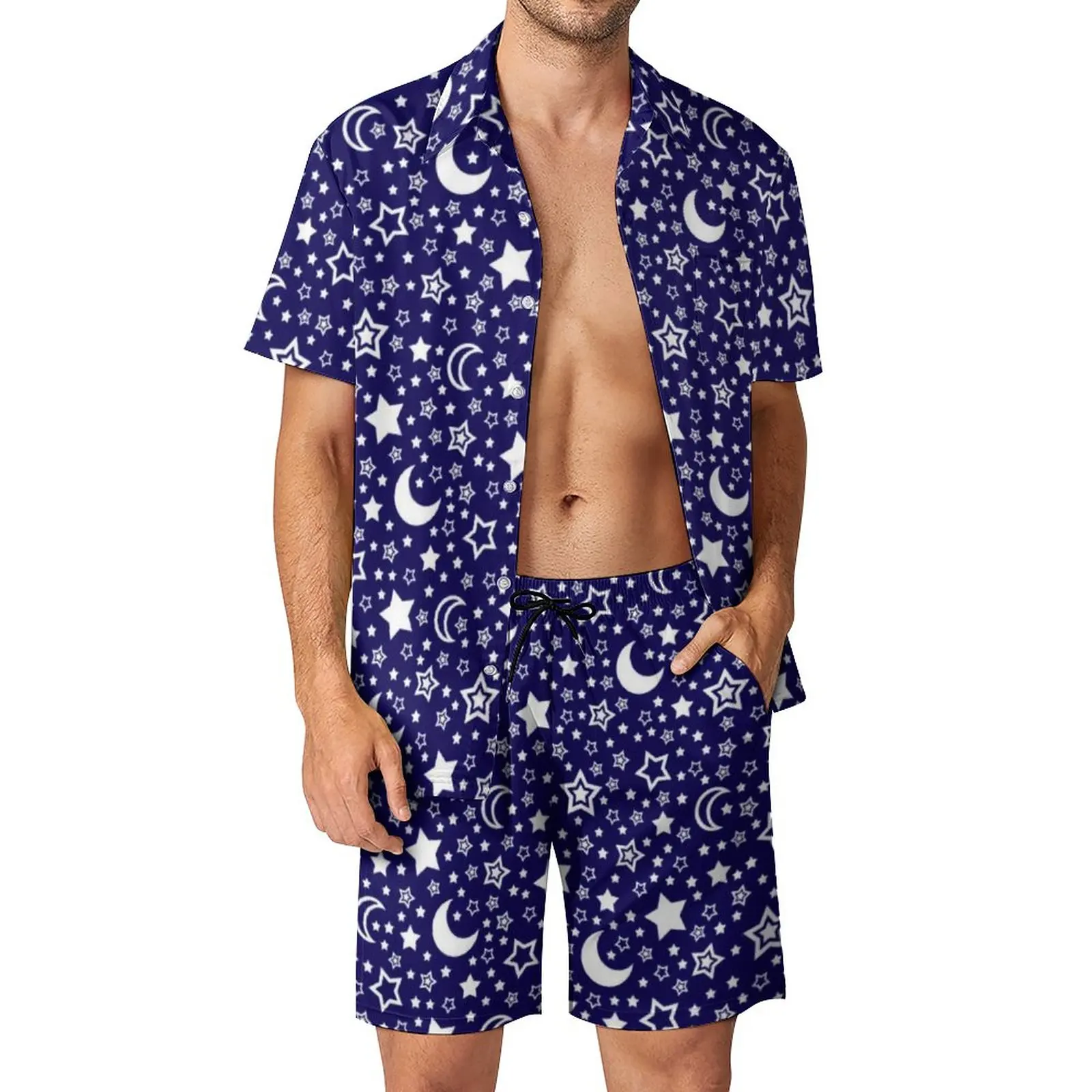 Conjunto de camisa informal con estampado de Luna y estrellas para hombre, pantalones cortos personalizados de manga corta, traje de playa de verano, talla grande 2XL 3XL