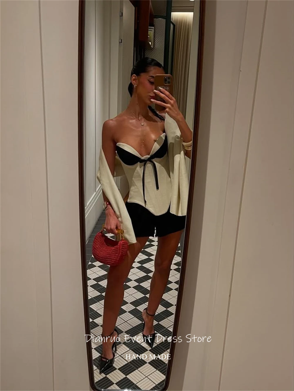เดียนรัว ชุดเดรสสั้นเซ็กซี่สำหรับงานพรอม ชุดเดรสแขนกุดคอวีหวานๆ ชุดเดรสวันเกิดแบบสองชิ้น ชุดเดรสคุณภาพสูงสำหรับงานเลี้ยงคืนสู่เหย้า สามารถสั่งตัดได้