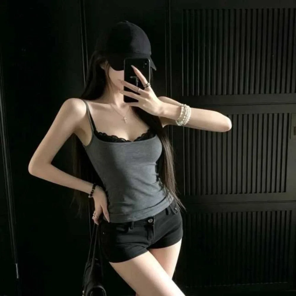 New V-neck Sleeveless Tank Top Lace Inlay Sleeveless Women's Crop Top Slimming Effect Slim Fit Top For Women's Summer Fashion