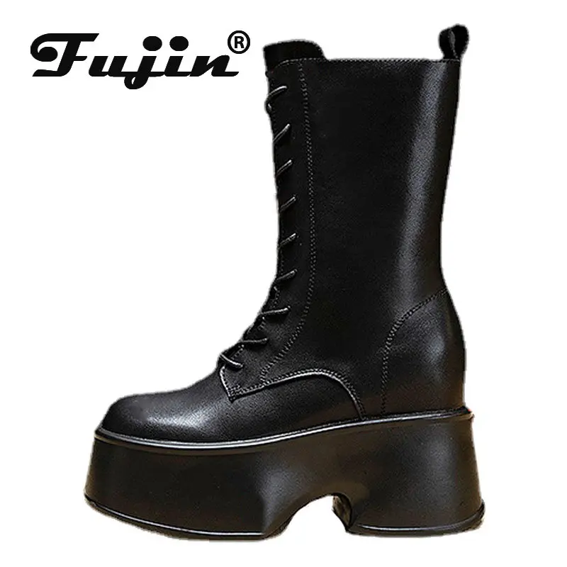 Fujin 11cm Genuine Leather Platform Wedge Roman Knee High Mid Calf Boots Ladies Hight Top Autumn Winter Plush Warm Women Shoes