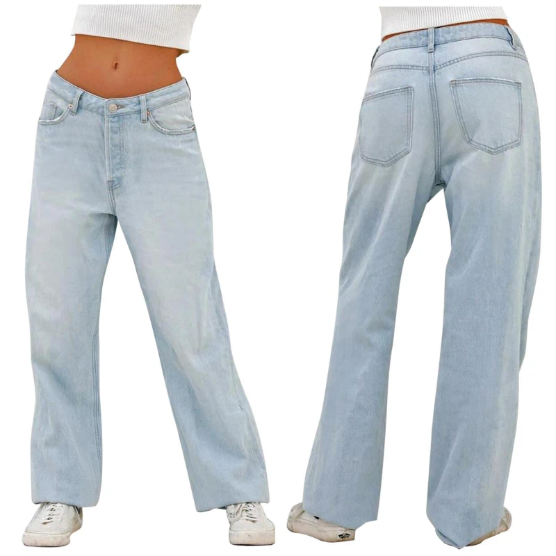 Women Jeans Solid Denim Wide Leg Pants Pockets Loose Mid Waist Ankle Length Washing Zipper Fly Slight Strech High Street