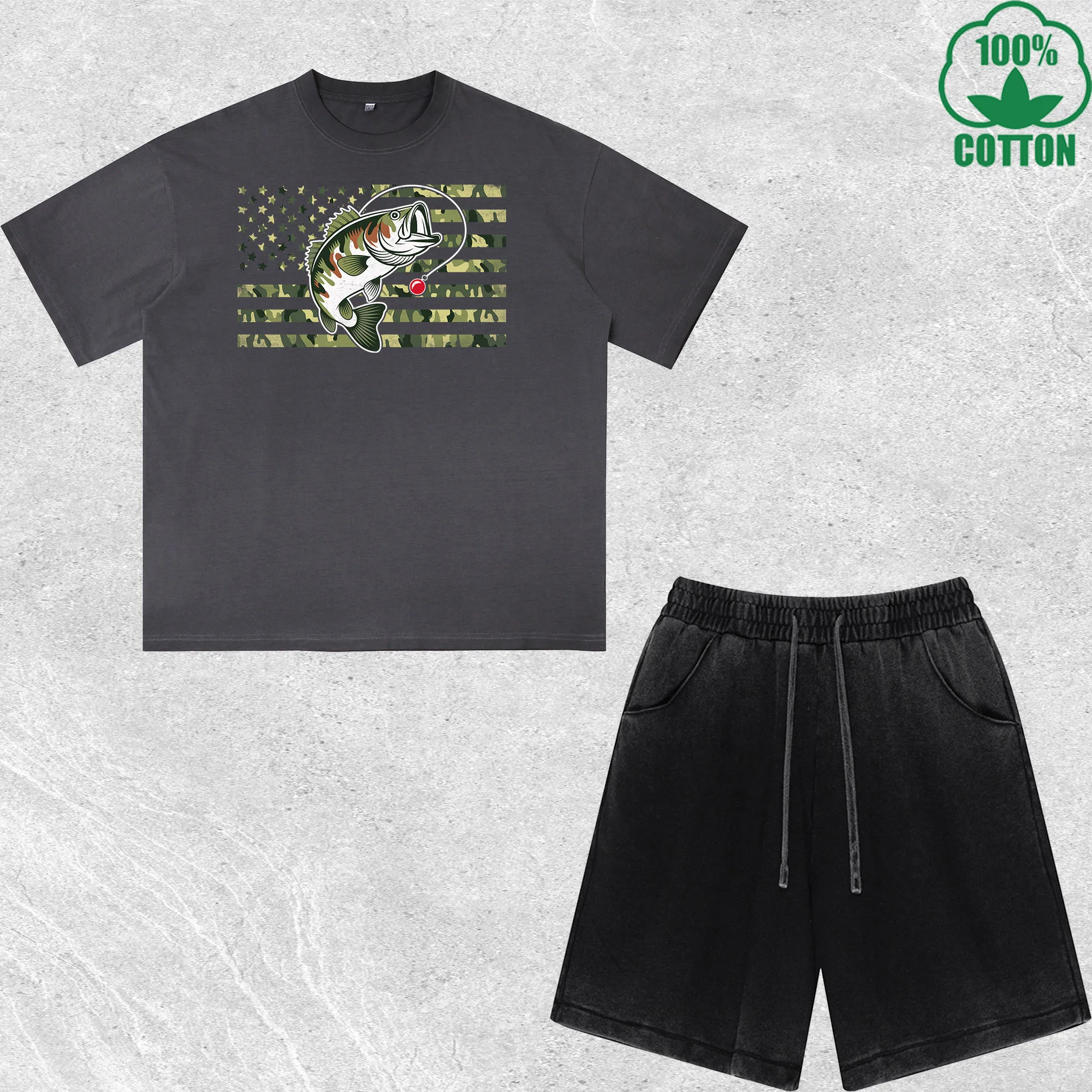 

Fishing Country Printed Dirty Wash T-Shirt Shorts Set Multicolor Combo Loose Trendy Fashionable 100%Cotton Short Value Pack