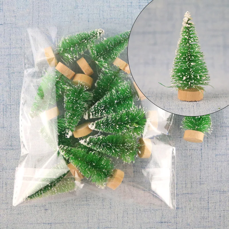 12pcs Small Pine Snow Frost Sisal Mini Christmas Tree Decor Tabletop Cute Beautiful Christmas Decorative Present Ornaments