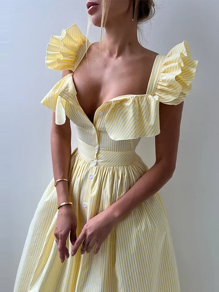 Abito con maniche volanti a balze a righe Abito da donna con vita stretta monopetto Abiti a trapezio Abiti lunghi da donna alla moda chic