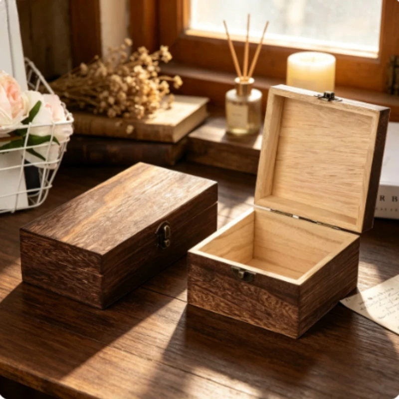 Hinged Lid Square Wooden Storage Box Vintage Jewelry Craft Organizer DIY Handmade Decorative Case for Mother's Day Gift