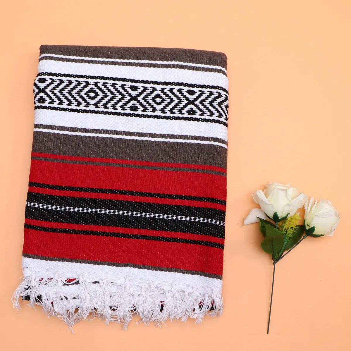 Woven Mexican Blanket Polyester Cotton Blend Sofa Throw Yoga Mat Cape Outdoor Concert Beach Picnic Car Blanket 130x180cm Red