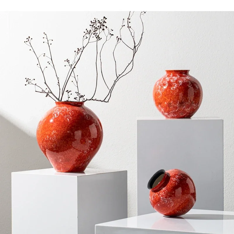 Ceramic Vase Red Porcelain Bottle The Kiln Turns Red Glaze Flower Vase Flower Arranger Terrarium Home Decoration Accessories