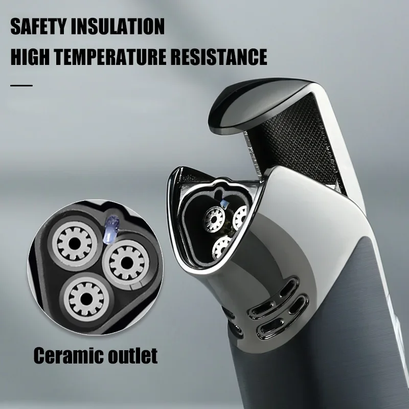 

New Windproof Three Flame Outdoor Windproof Inflatable Lighter with Cigar Cutter Adjustable Flame Size Metal Body Press Ignition