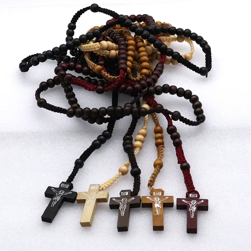 

59 Pcs 8mm Natural Wood Bead Rosary Necklace with Crucifixion Cross Pendant, Handmade Catholic Prayer Chain, 44cm Length Rosary
