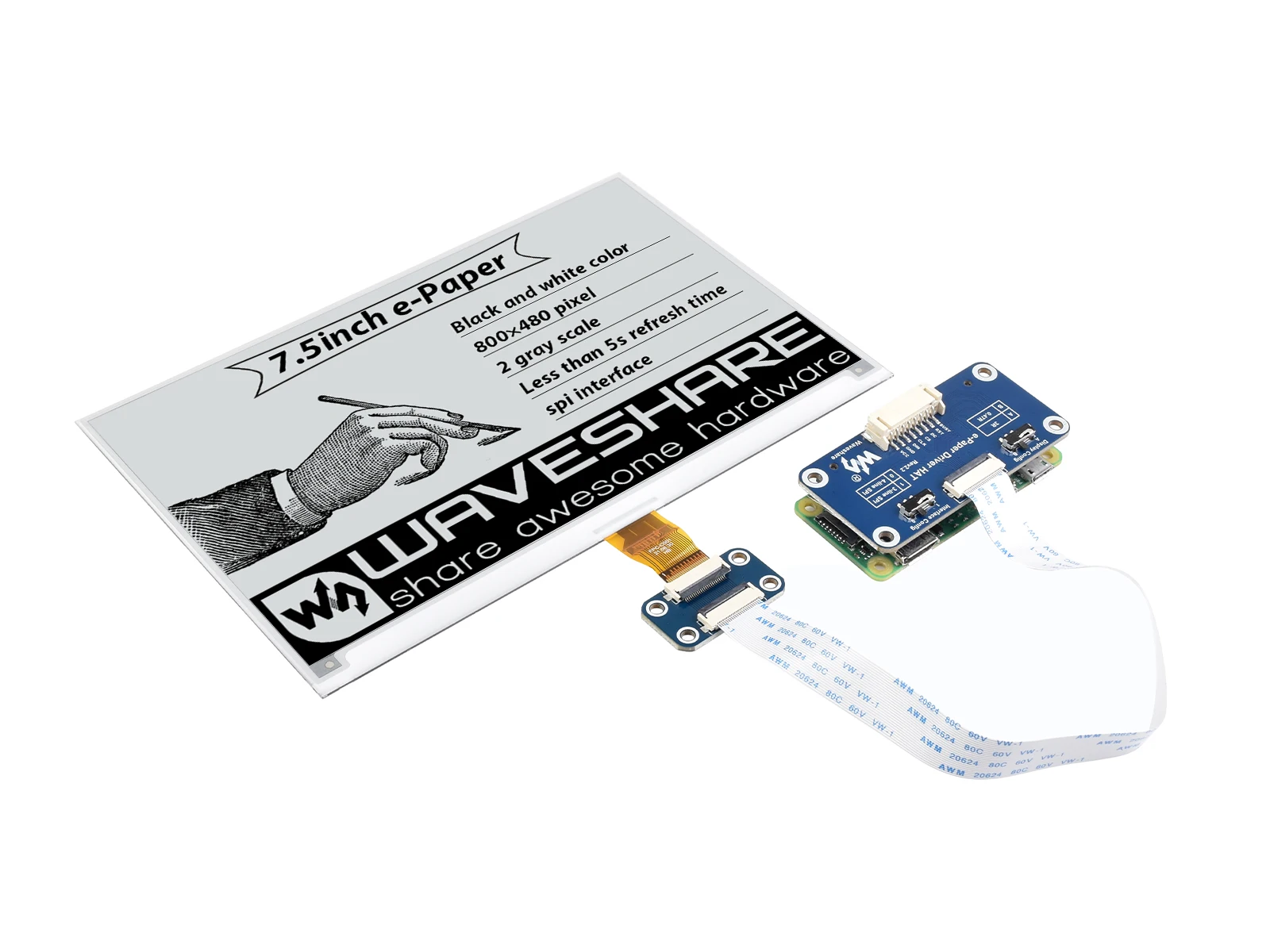 Waveshare 7.5inch E-Ink  HAT E-paper Display  800x480 Supports Raspberry Pi 5/4B/3B/Pi Zero/Zero/Jetson Nano/Arduino/STM32