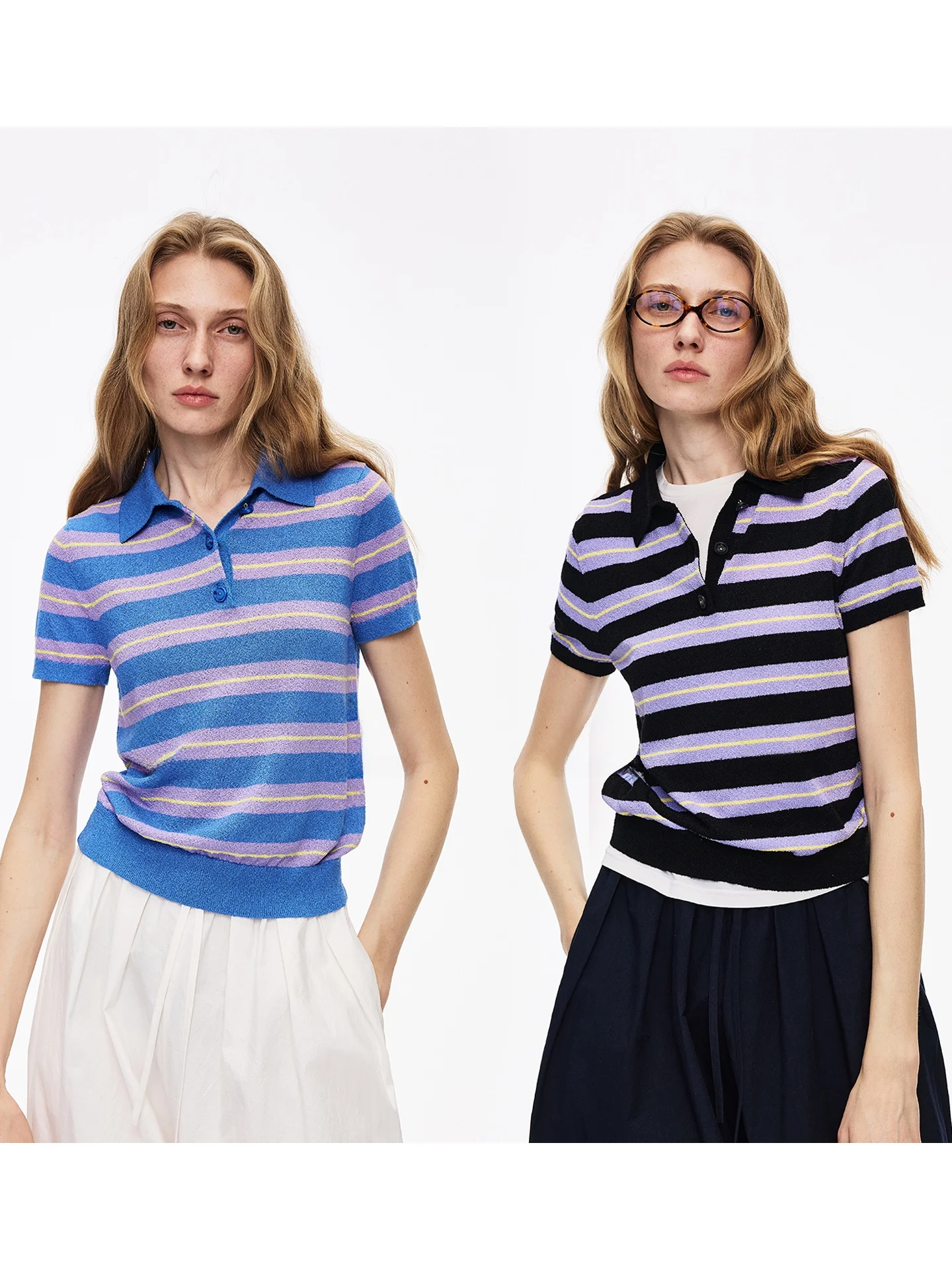 

UZZO Texture Velvet Color Block Stripe Silk Knitted Short Sleeve Neck T-Shirt Breathable Soft Vintage Style Women's Top