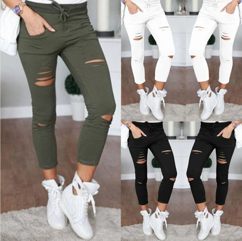 

Black Punk Ripped Torn Slashed Cut Leggings Pants Gothic Club Hole Elastic Skinny Pencil Pants For Women Girl