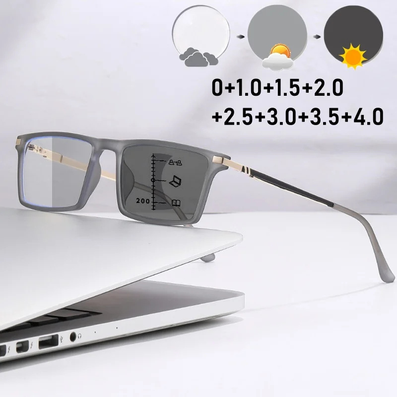 Retro Photochromic Multifocal Reading Glasses for Men Women Ultralight HD Progressive Presbyopia Unisex Square Anti-UV Glasses