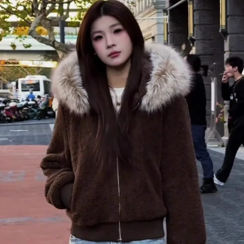 Women Solid Color Sherpa Fleece Jacket Short Padded Hooded Coat Versatile Fashionable Thick Outerwear