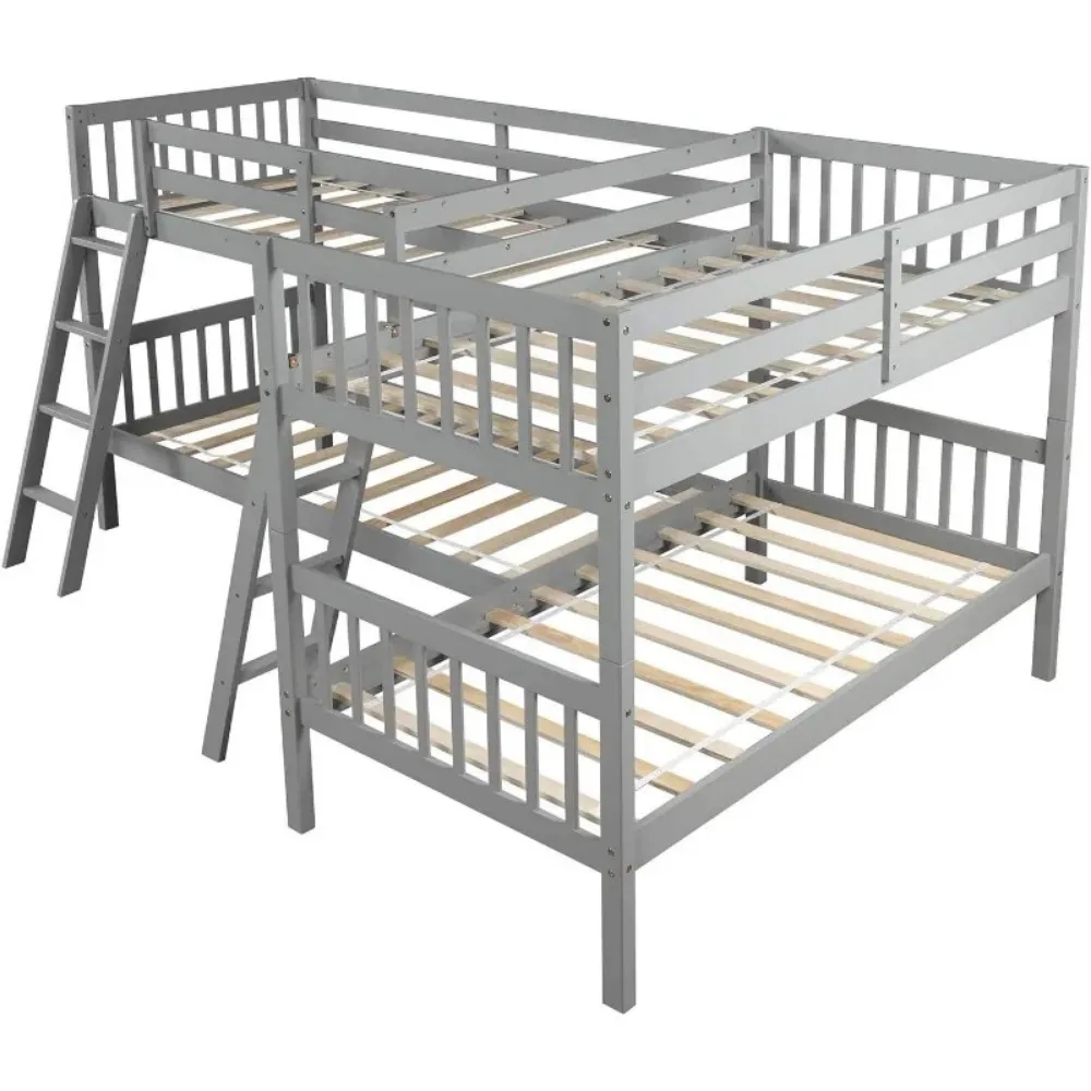 L Shaped Bunk Bed for 4, Quad Bunk Bed Twin Size, Wooden Bunk Bed Frame for Kids Teens Adults - Gray