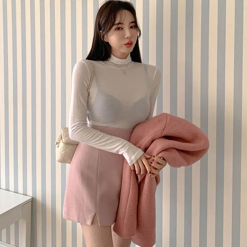 Elastic High Collar Arc Hem T-Shirt Women's Flavor Micro Transparency UE582 Charming Long Sleeve Slim Fit Spring T-Shirt