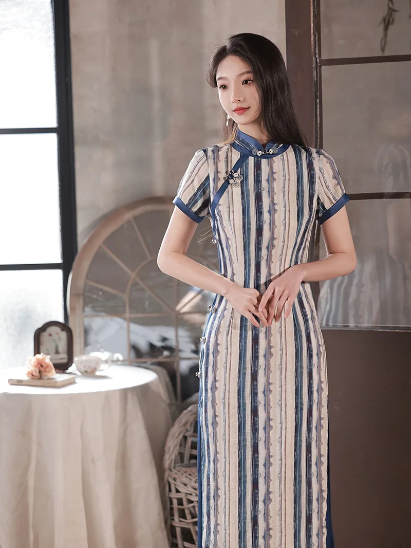 Women Short Sleeve Button Cheongsam Chinese Traditional Slim Costume Long Cotton Linen Qipao