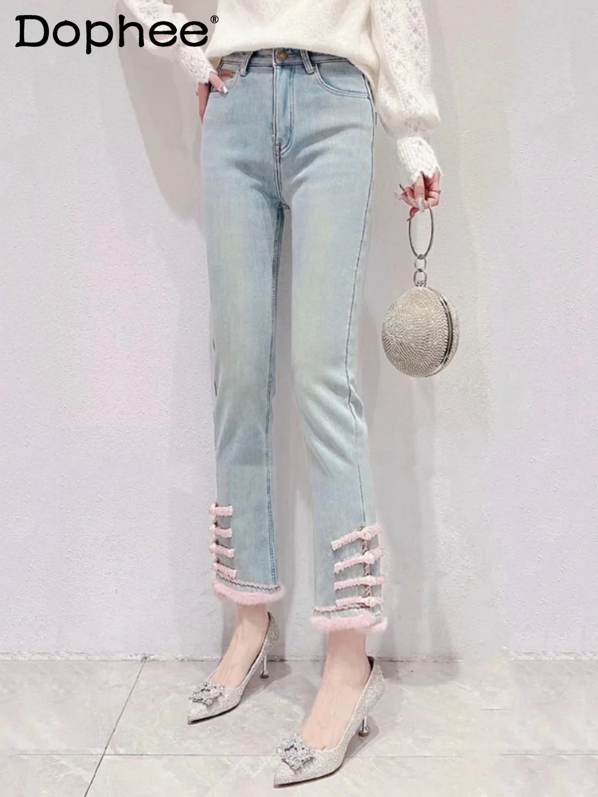 Chinese National Style Heavy Industry Nail Bead Button Jeans Women's Autumn and Winter New High Waist Fleece Straight Pants