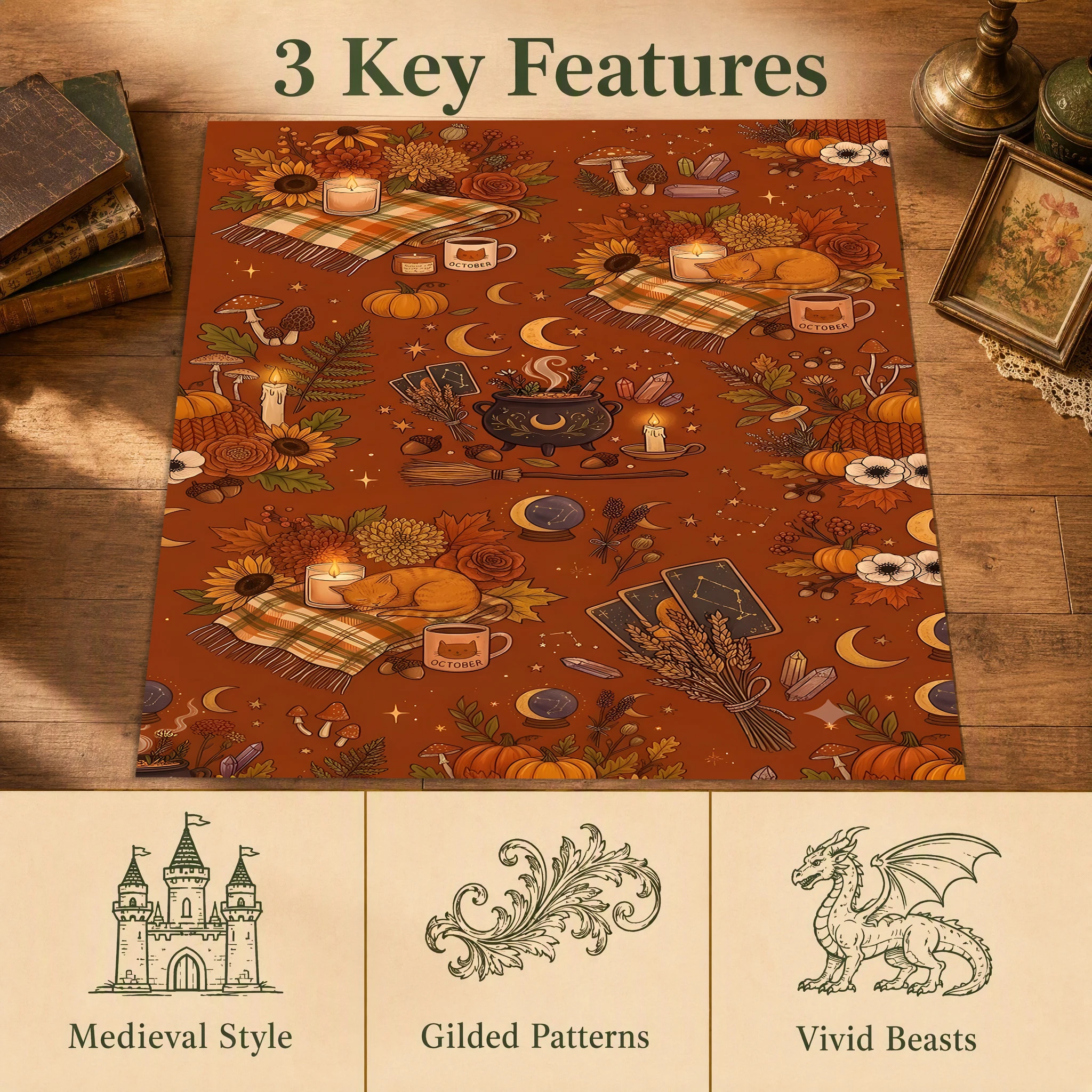 Vintage Distressed Pumpkin Fall Leaf Velvet Area Rug, for Living Room Bedroom, Autumn Winter Harvest Festival Decor