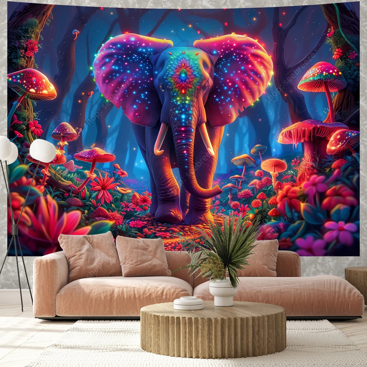 Elephant UV Reactive Tapestry Psychedelic Forest Flower Tapestry Wall Hanging for Kawaii Room Decor Aesthetic Bedroom Wall Decor