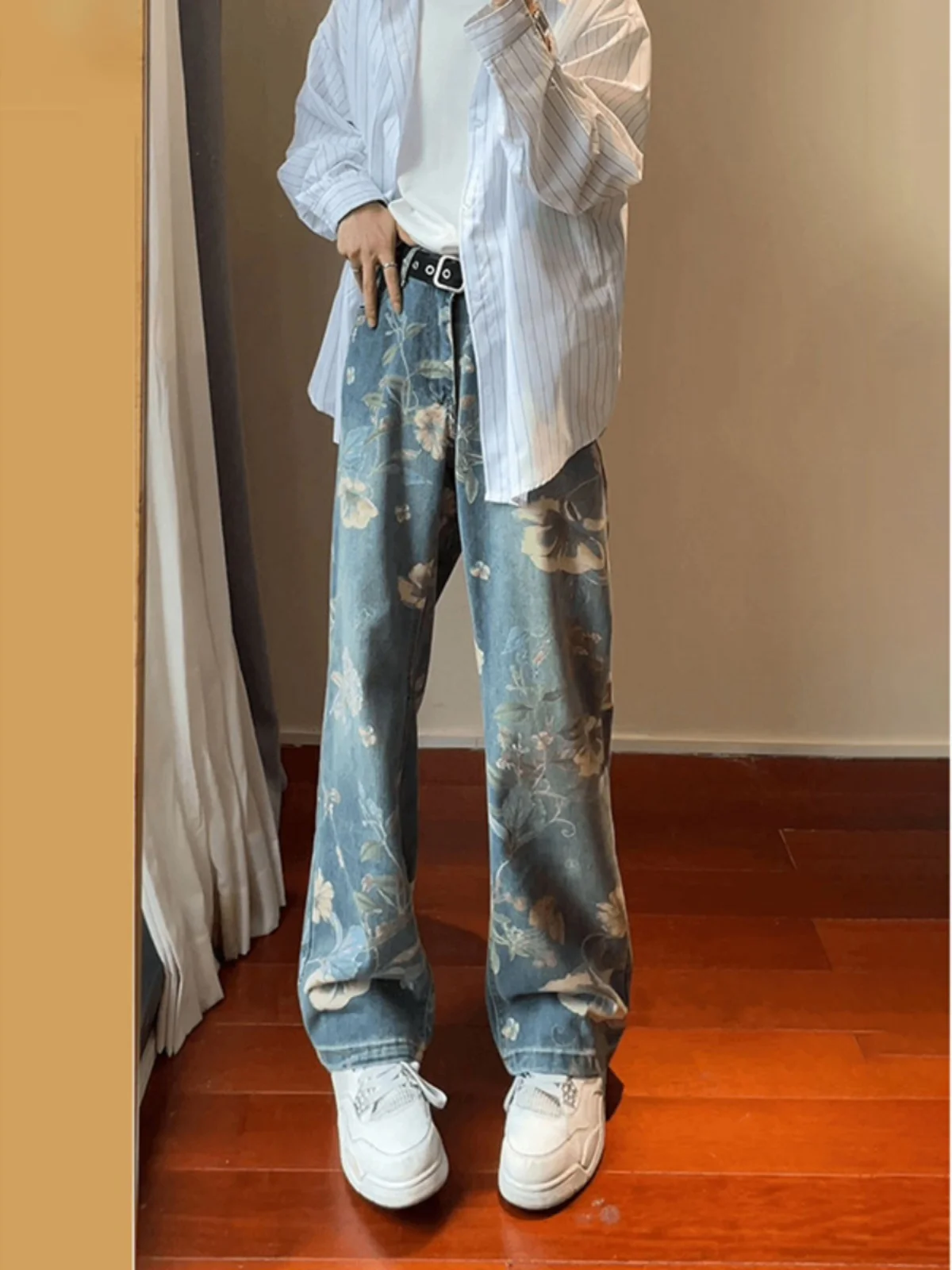 

Retro American Floral Waed Men's Jeans High Street Slimming Micro Flared Pants Youth Trendy Wear Resistant Straight Cut