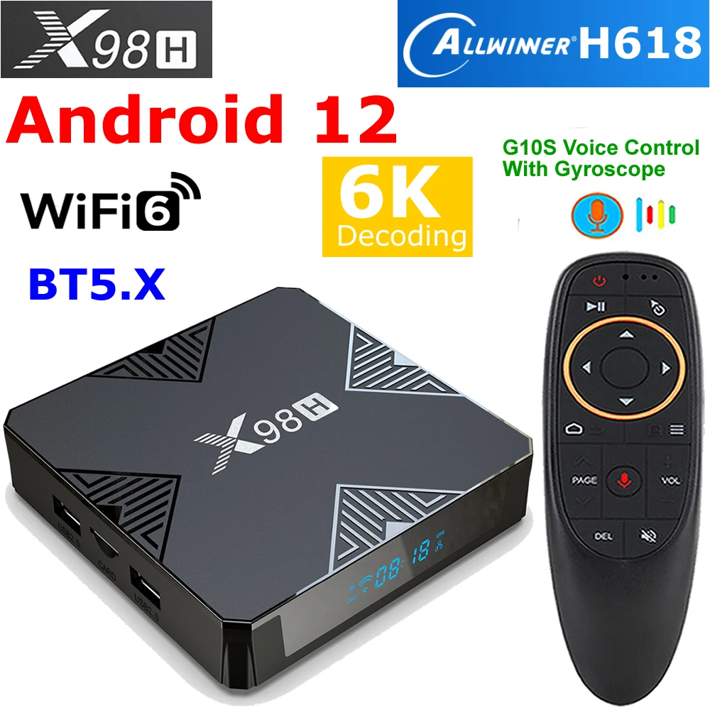 X98H Android 12 Smart TV Box Allwinner H618 Quad Core 4GB RAM 32GB ROM Wifi6 6K Decode BT5.0 5G Dual WIFI 4K HDR10+ Set Top Box