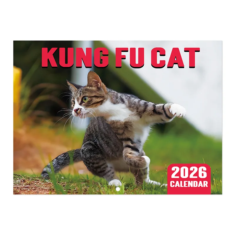12-Month 2026 kung fu Cat Calendar Paper Wall Hanging with Feline Design for Office Supplies and Personal Planner Accessory
