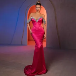 Stunning Fuchsia Mermaid Evening Dresses 2024 Beaded Off the Shoulder Silk Satin Long Wedding Party Dress Gown Vestidos de festa