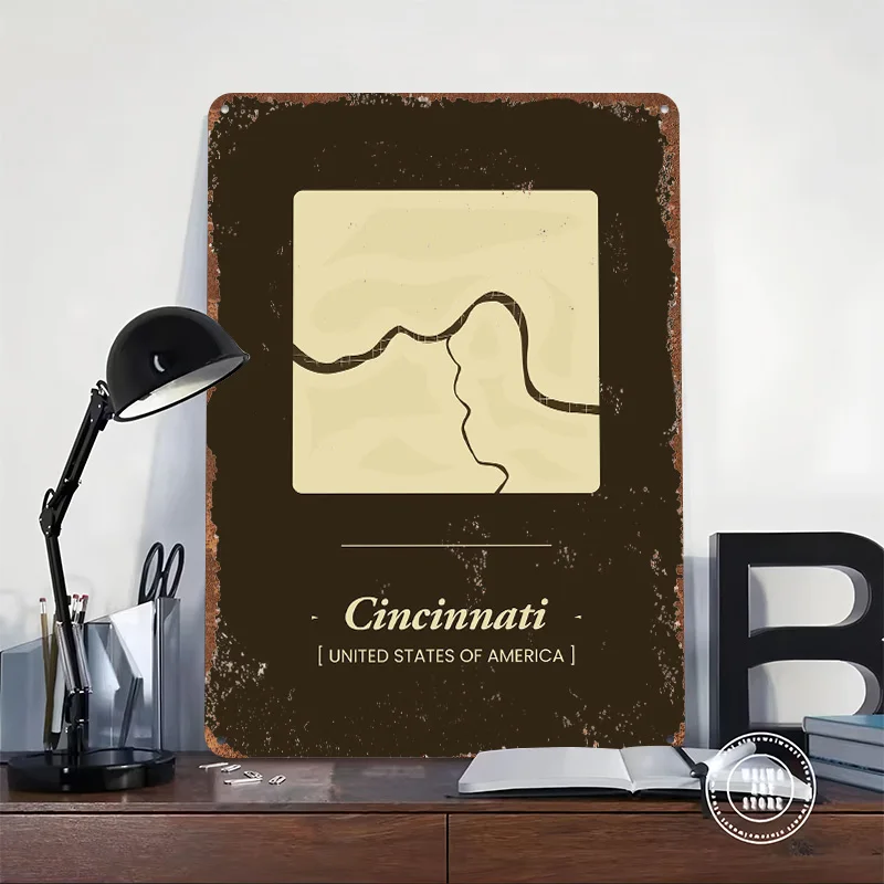 Cincinnati City Map Printed Poster Customized Wall Art Retro Vintage Metal Tin Signs for Room Ornaments Wand Deko Home Decor