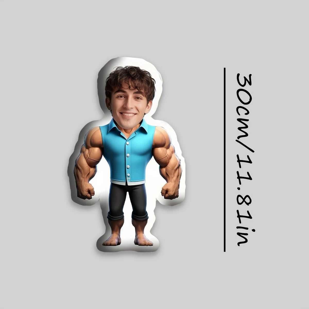 Custom Photo Face Plush Cushion, Muscular Man Figure Pillow in Sleeveless Blue Shirt, Double-sided Print, Fun Personalized Gift
