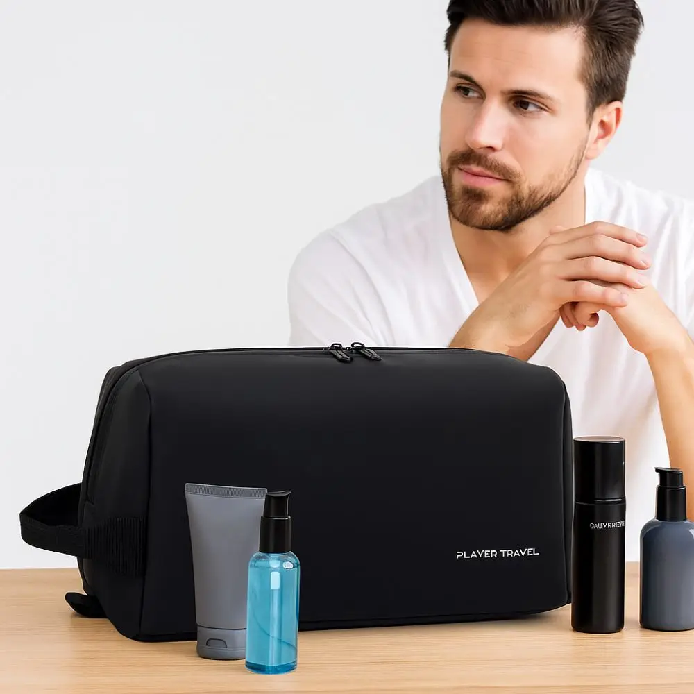 

Waterproof Man Cosmetic Bag Handheld Lightweight PU Toiletry Bag Large Capacity Dry and Wet Separation Makeup Bag Toiletrie