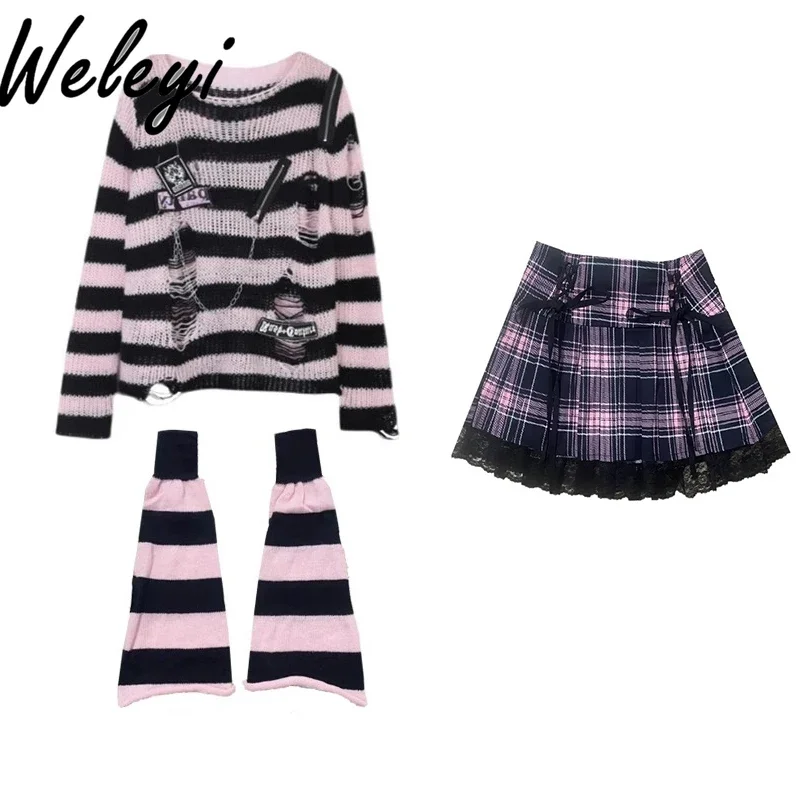 Y2k Subculture Wear Ropa De Mujer Suit Spring and Autumn Black Pink Striped Leg Cover Knitted Tops Plaid Skirt Three Piece Sets