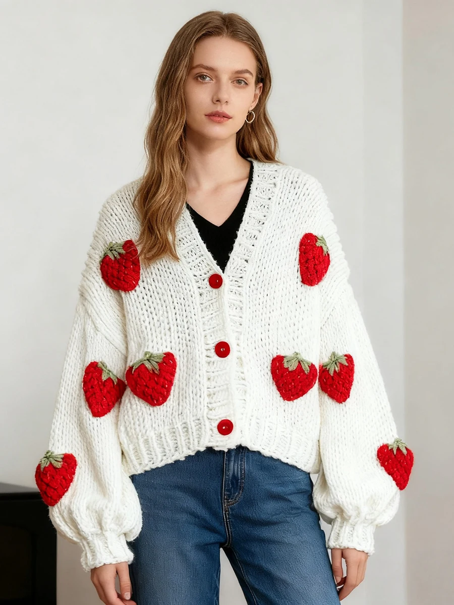 

2026 Spring Women Knitted Cardigan Top Trend Chic Strawberry Loose Sweater Single-breasted Full Sleeve Short Cardigan Jacket