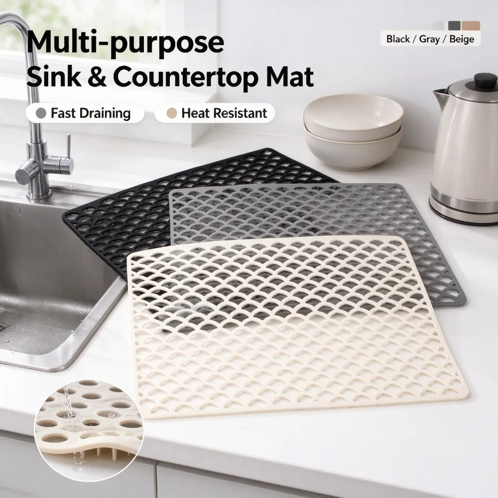 Kitchen Silicone Sink Drainage Mat,MultipurposeNo N-Slip Soaking Pad,Hollow Silicone Sink Mat,Dish Drying Pad,Heat Resistant Mat