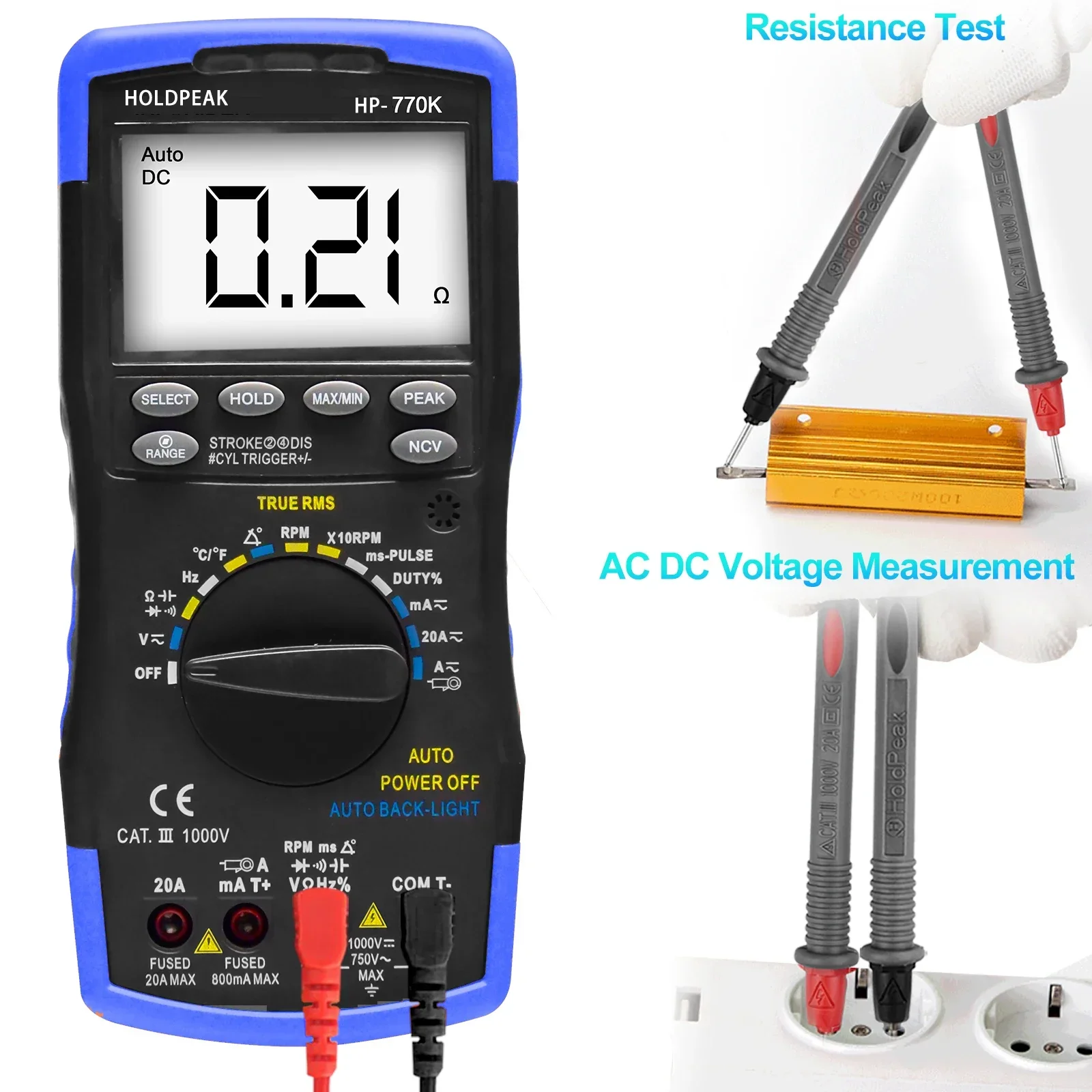 HoldPeak HP-770K Digital Automotive Multimeter car Engine Analyzer Hanhold Tester Diode/HFE/NCV/Continuity Buzzer Measuring Tool