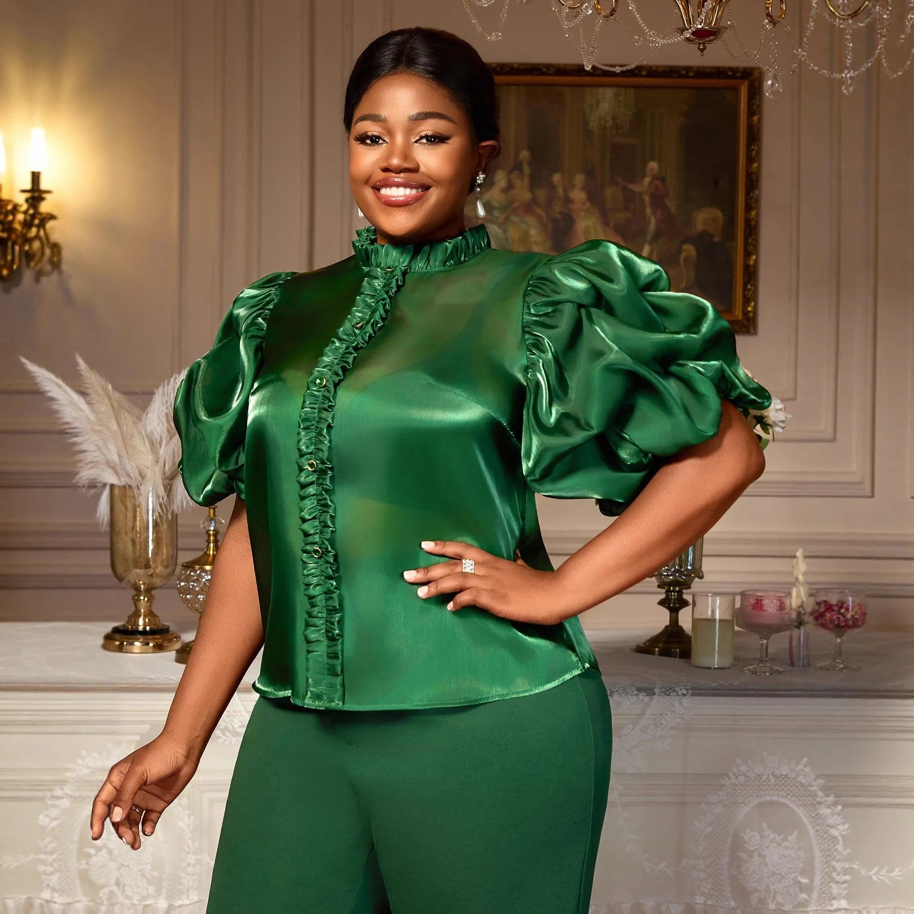 Plus-size Women's Dark Green Satin Shirt, Slimming With Ruffled Stand-up Collar And Puff Sleeves, Versatile For Commuting, Sheer