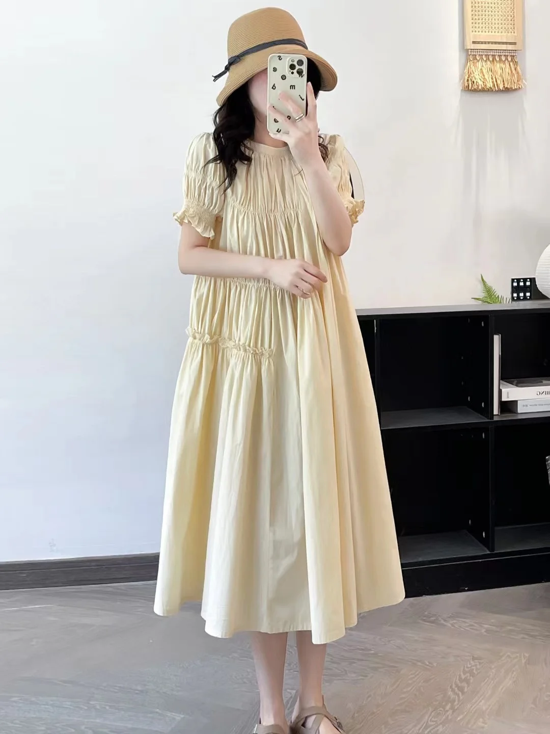 Summer women's clothing korean fashion o neck short sleeve pleated patchwork solid dress for women pink cotton dresses