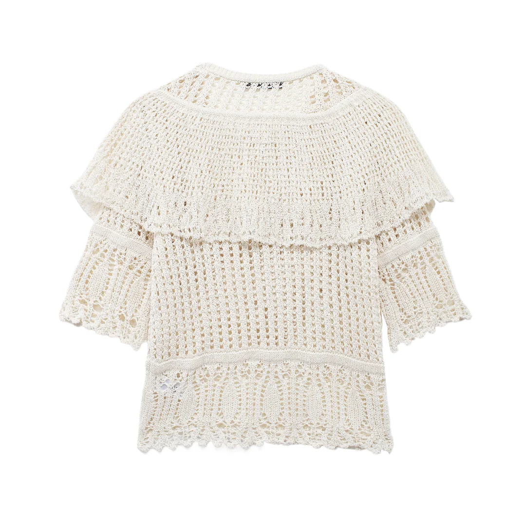 Tangada 2024 Summer Women Ruffles Crochet Knitted Sweater Short Sleeve Female Crop Pullovers BE0163