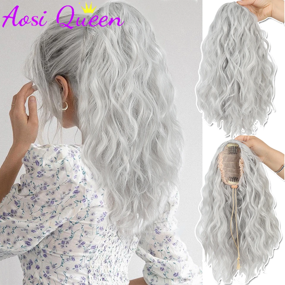 AOSI 13Inch Premium Synthetic Curly Claw Clip In Ponytail Grey Brown Short Hairpiece Fake Hair False Pigtail Hair Extensions