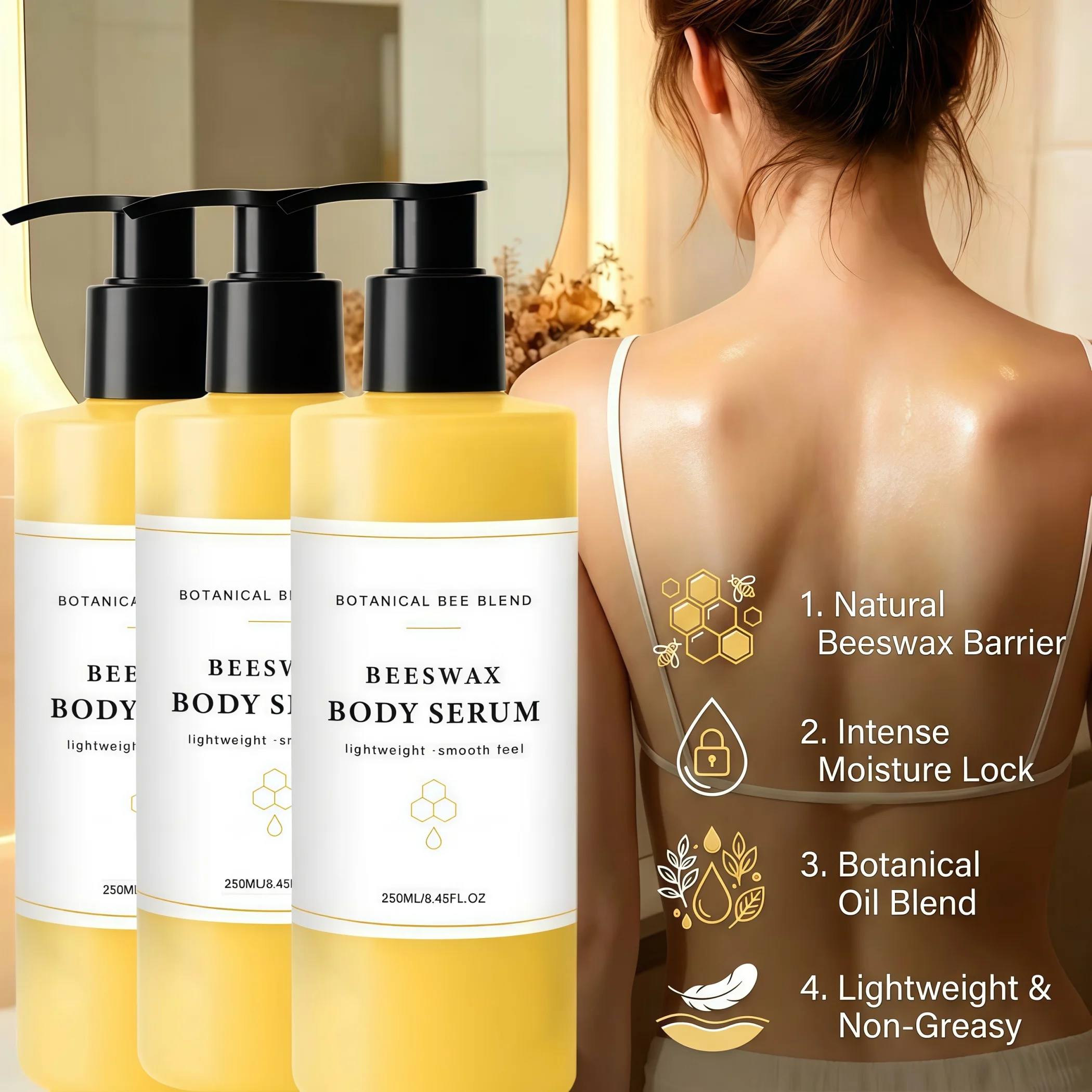 250ML Natural Beeswax Body Serum,Lightweight Body Moisturizer Lotion Castor Seed Oil Shea Butter Deep Hydration Essence for Dry Flaky Skin Barrier Repair Smoothing Radiant Skin Glow Body Care Gentle Botanical Natural Body Lotion