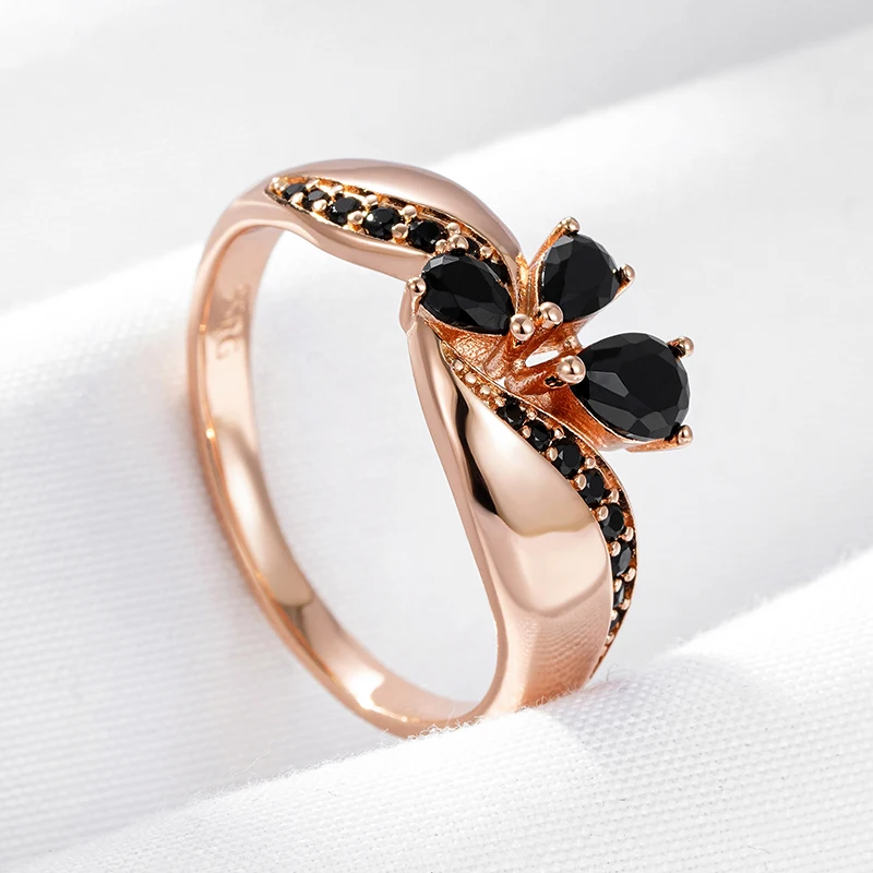 Kinel Hot Black Natural Zircon Ring for Women Fashion 585 Rose Gold Color Crystal Flower Bride Ring Daily Fine Vintage Jewelry