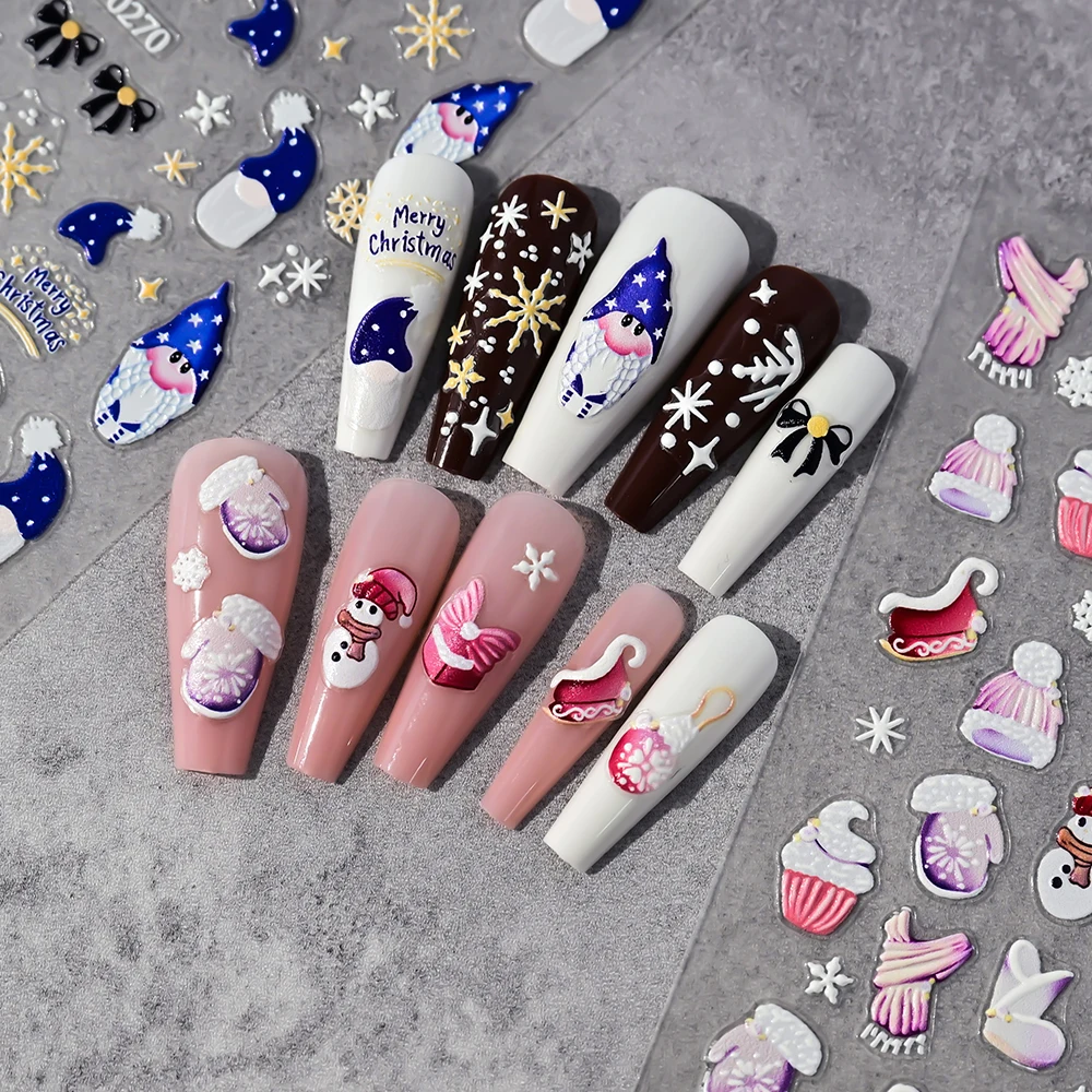 1pcs New Year Christmas Nail Sticker 5D Cartoon Santa Claus/Elk/Snowflake/Penguin Self Adhesive Sliders Nail DIY Decals Sliders#