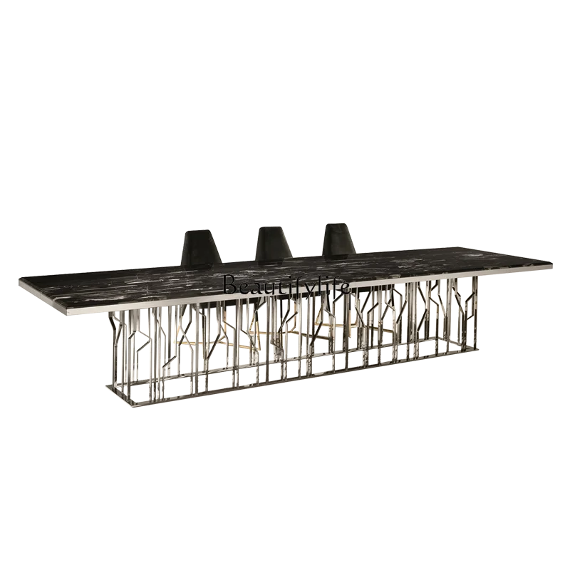 

Postmodern light luxury dining table household rectangular stainless steel marble dining table and chairs modern simplicity