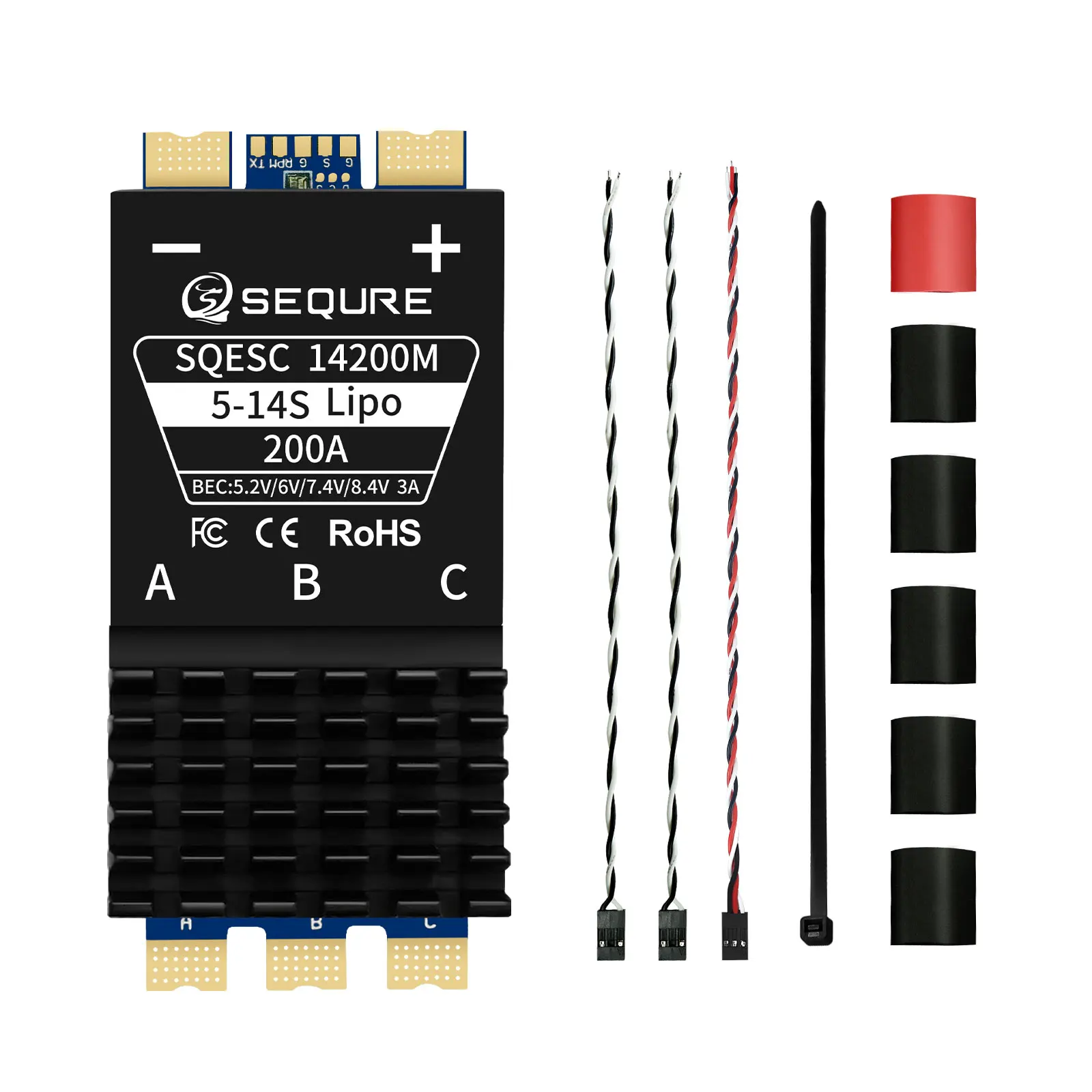 SEQURE 14200M 200A Brushless ESC 5.2/6/7.4/8.4V 3A Adjustable BEC Continued Voltage 5-14S Lipo Power Supply for Models Car Drone
