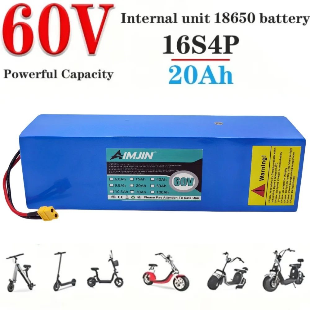 60V 20Ah 16S4P Battery Pack 18650 20000mAh 2000W High-power Lithium Battery with Built-in 50A BMS Suitable for Electric Scooters
