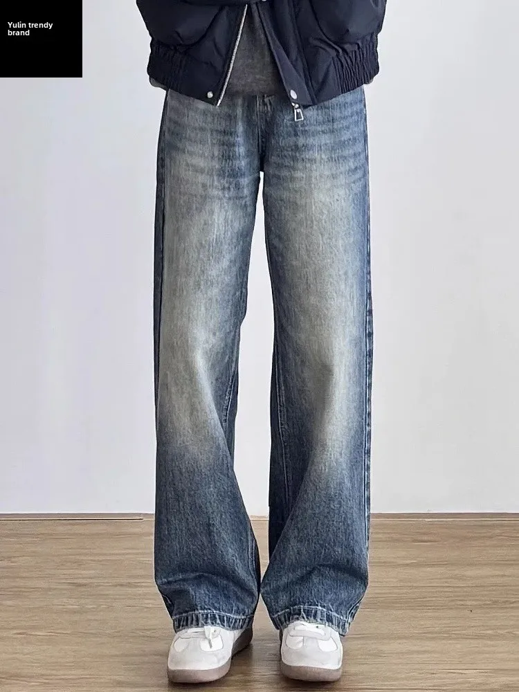 

Мужские джинсы в американском ретро-стиле, синие, с подкладкой, широкие штанины, высокая талия, прямой крой, рабочие брюки, повседневные, молодежный стиль