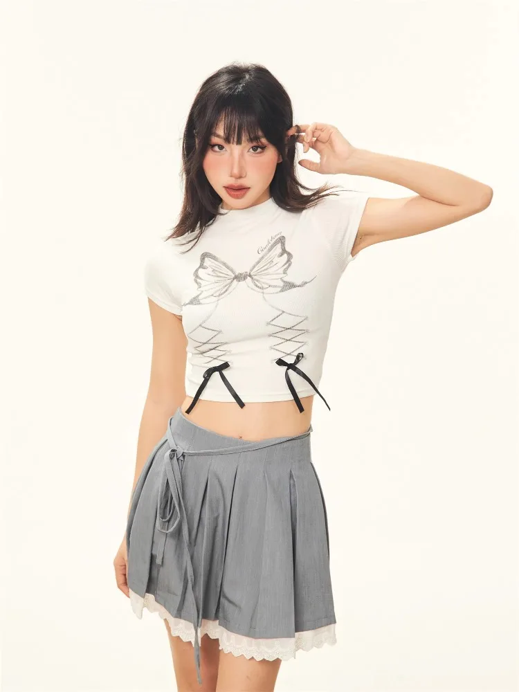 QWEEK Coquette Y2k Sexy Kawaii Cute Bow Print Crop T-shiort Women 2024 Fashion Summer Korean Style Kpop Fashion Tops